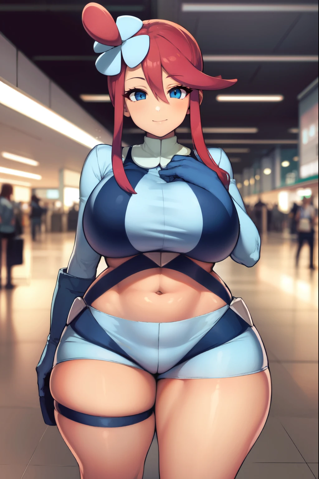 pokemonskyla, pokemonskyla, blue eyes, hair ornament, one side up, red hair, short hair with long locks, sidelocks, smile,
BREAK blue footwear, blue gloves, blue jacket, blue shorts, boots, crop top, cropped jacket, gloves, jacket, midriff, navel, short shorts, shorts, thigh pouch,
BREAK looking at viewer, cowboy shot,
BREAK indoors, airport, busy departure hall,
BREAK (masterpiece:1.2), best quality, high resolution, unity 8k wallpaper, (illustration:0.8), (beautiful detailed eyes:1.6), extremely detailed face, perfect lighting, extremely detailed CG, (perfect hands, perfect anatomy), chubby, thick, standing, shortstack, sfw, skindentation