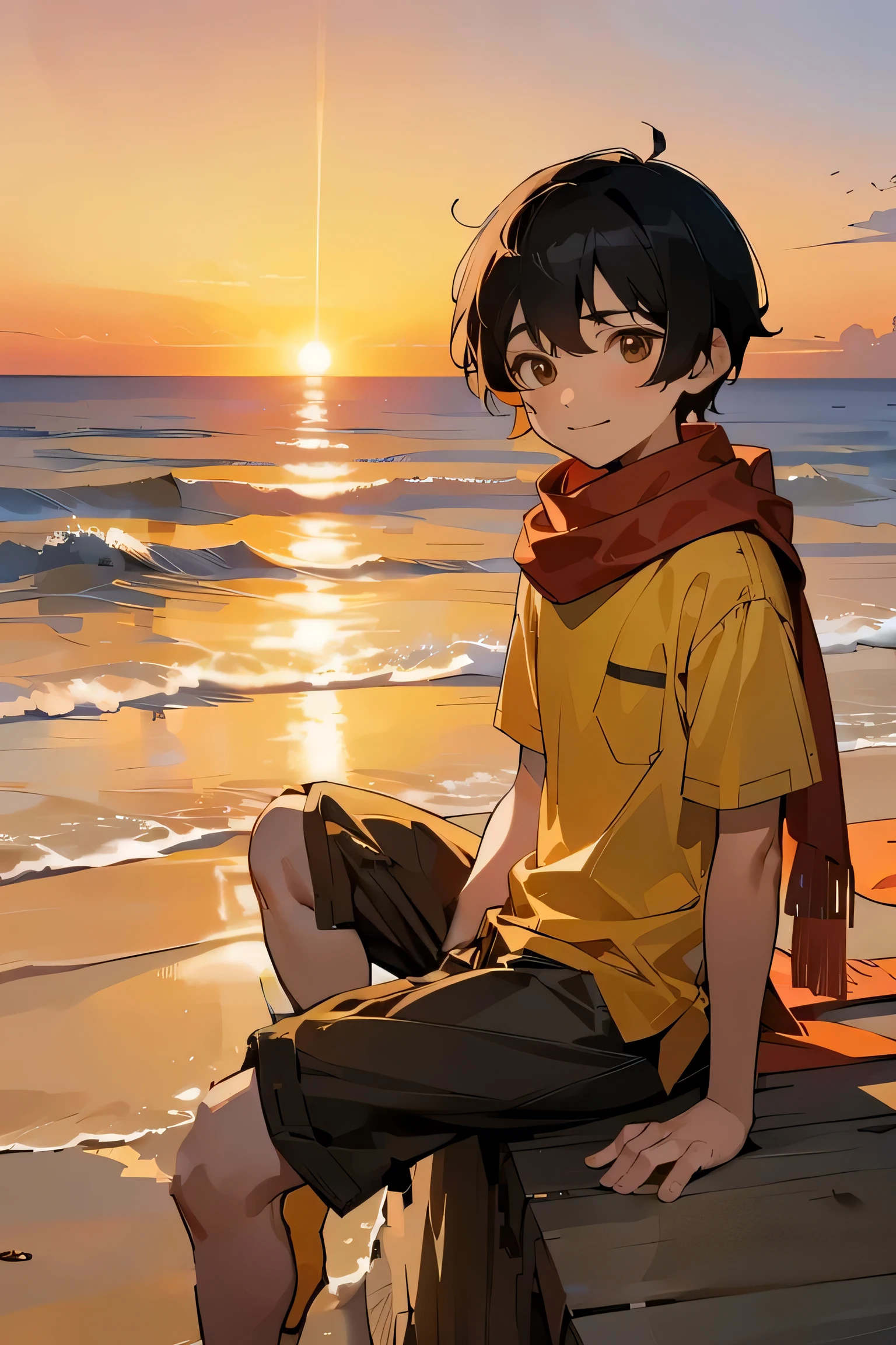 boy, human male, , 10 hort hair, black hair, brown eyes, sad smile, yellow shirt, black shorts, red scarf, sitting, sunset, beach, HD, vibrant eyes