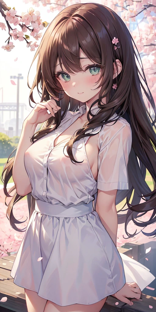 ((masterpiece, highest quality, High resolution, 超High resolution, Perfect Pixel, Written boundary depth, 4K, About RTTX10.0, High resolution))),Naked(Naked女の子) 1 girl, single, alone, Beautiful Anime Girls, Beautiful art style, Anime characters, ((Long Hair, bangs, Dark brown hair, Curly Hair:0.4, Simple hairpin)), ((Green Eyes:1.4, Round eyes, Beautiful eyelashes, Realistic eyes)), ((Detailed face, blush:1.2)), ((Smooth texture:0.75, Realistic texture:0.65, Realistic:1.1, Anime CG Style)), Medium Chest, ((Dynamic Angle, throw, close)), Perfect body, White shirt showing pink nipples, smile, amusement park, put your hands behind your back, Leaning forward, cherry blossoms、Exhibitionism、Exposed outside、conversion