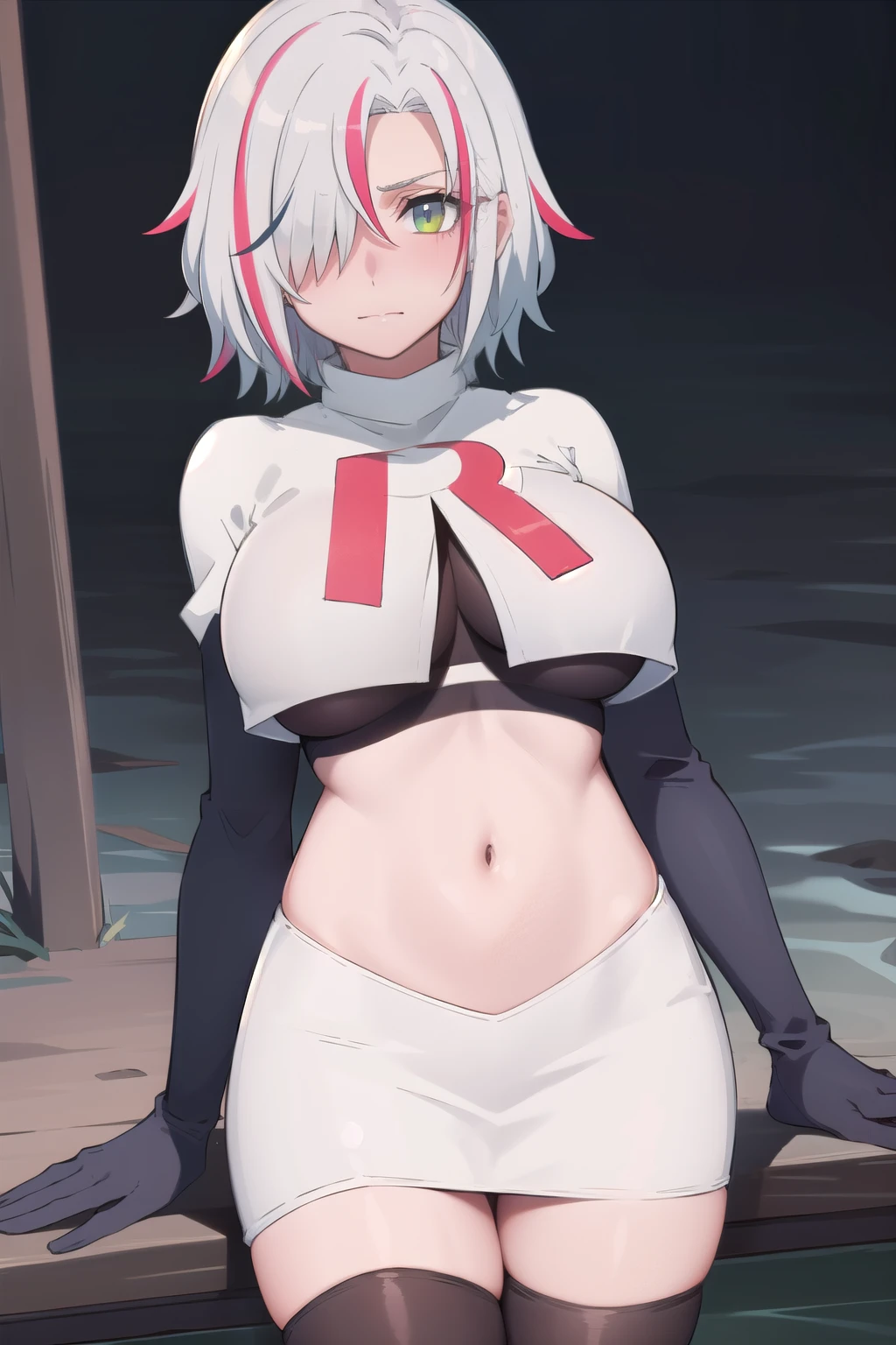 (masterpiece:1.2, best quality), (finely detailed beautiful eyes: 1.2), solo focus, (ultra-detailed, hires), (modern day, beautiful detailed face, beautiful detailed eyes), 1girl, , Sofia Bulga , short hair,streaked hair , hair over one eye , , blush, large breasts , team rocket,team rocket uniform,white skirt,red letter R,crop top,black thigh-highs , High contrast, beautiful elegant woman, adult, (best illumination, an extremely delicate and beautiful),(simple backround, outdoors), looking at viewer,beautiful detailed glow,