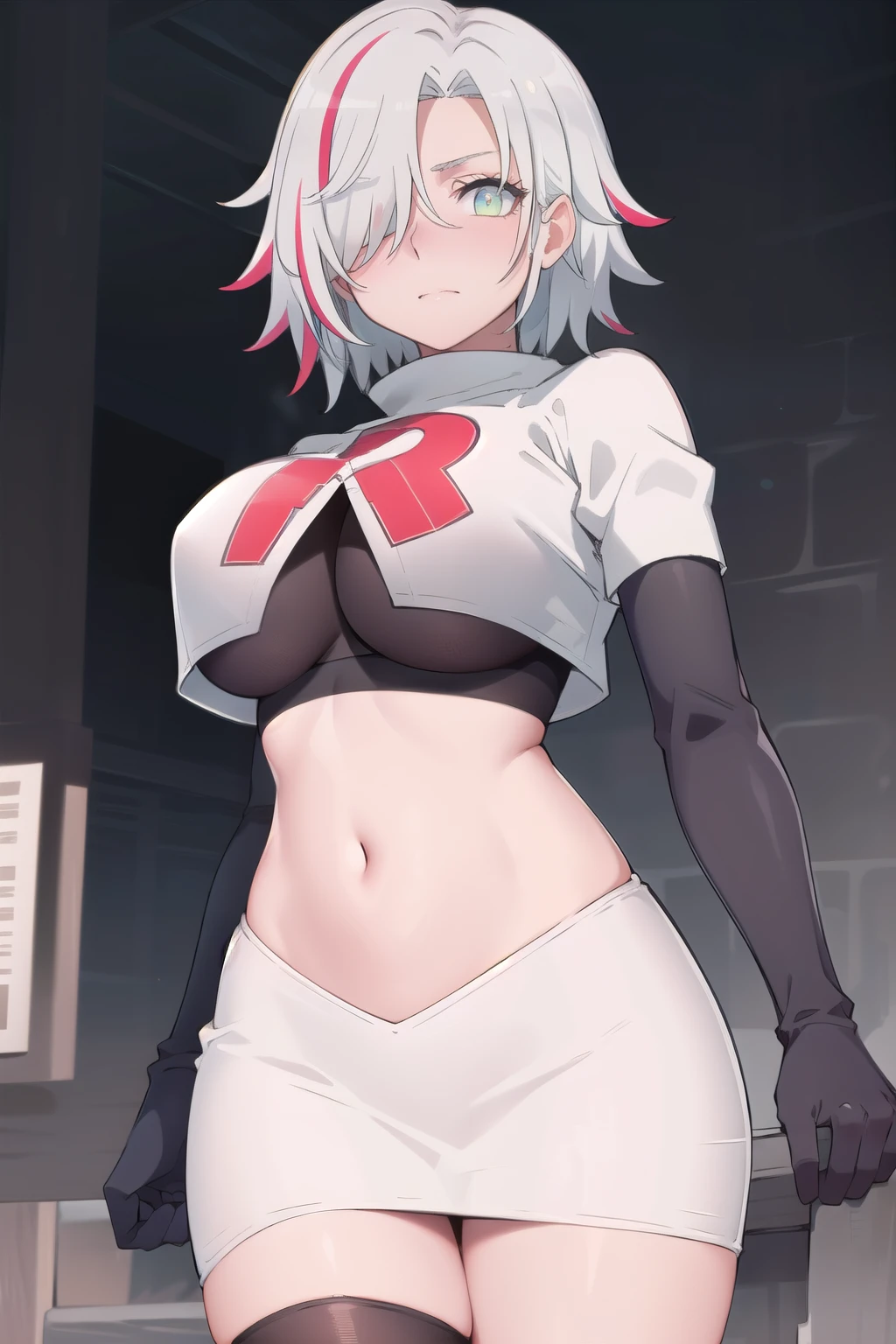 (masterpiece:1.2, best quality), (finely detailed beautiful eyes: 1.2), solo focus, (ultra-detailed, hires), (modern day, beautiful detailed face, beautiful detailed eyes), 1girl, , Sofia Bulga , short hair,streaked hair , hair over one eye , , blush, large breasts , team rocket,team rocket uniform,white skirt,red letter R,crop top,black thigh-highs , High contrast, beautiful elegant woman, adult, (best illumination, an extremely delicate and beautiful),(simple backround, outdoors), looking at viewer,beautiful detailed glow,