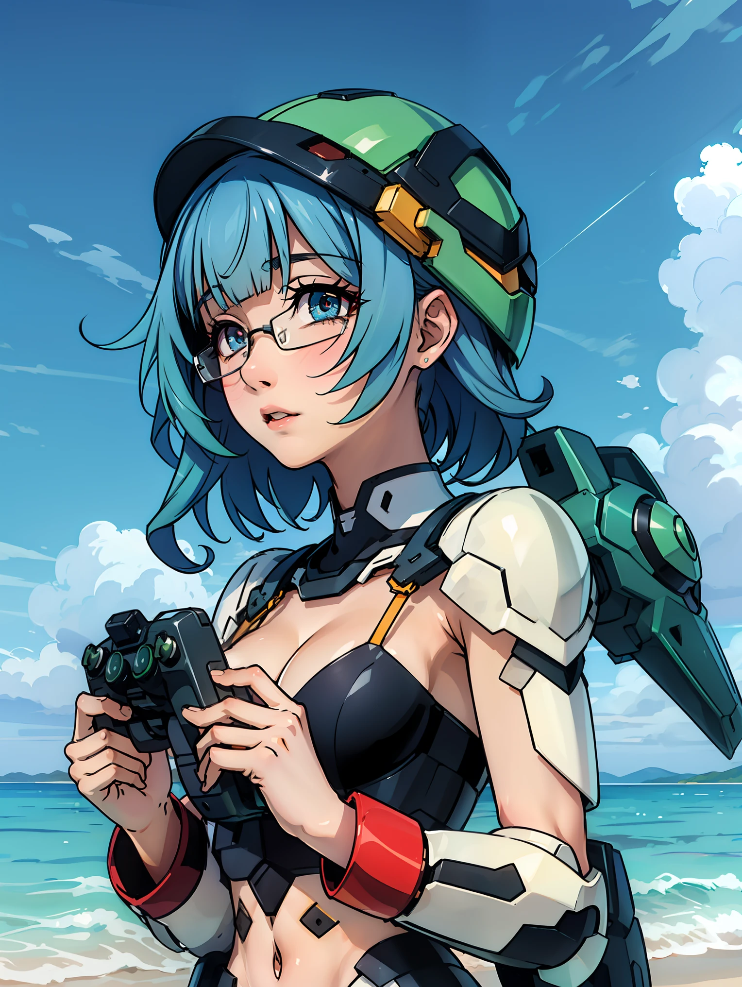 sarashiki kanzashi,1girl,solo,short hair,blue hair,red eyes,glasses,bangs,medium hair,
BREAK (dressed in a black and green mecha, wearing a mecha helmet, holding a directional controller:1.2),
BREAK (outdoor,Blue sky,White cloud,beach,shore,seawater:1.2)
BREAK facing away, looking back, ((upper body)), standing,
BREAK (masterpiece:1.2), best quality, high resolution, unity 8k wallpaper, (illustration:0.8), (beautiful detailed eyes:1.6), extremely detailed face, perfect lighting, extremely detailed CG, (perfect hands, perfect anatomy),