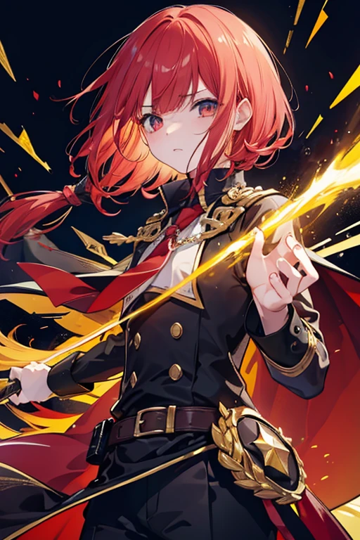 Un joven viajero con cabello largo y trenzado con tonos rubios, with a crazy expression, con ojos dorados, wearing a dark brown trench coat and black shirt, adorned with golden armor pieces and a golden star-shaped emblem with red light and He is in a dark chamber, Teniendo un orbe de poder color rojo, Proyectando una aura roja. La paleta de colores es predominantemente es de colores oscuros y de mal humor, acentos dorados, yellows and reds creating a sense of danger, emphasis on sharp edges, detalles. La imagen es de un videojuego estilo anime.