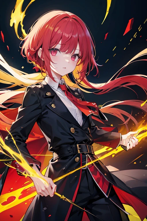 Un joven viajero con cabello largo y trenzado con tonos rubios, with a crazy expression, con ojos dorados, wearing a dark brown trench coat and black shirt, adorned with golden armor pieces and a golden star-shaped emblem with red light and He is in a dark chamber, Teniendo un orbe de poder color rojo, Proyectando una aura roja. La paleta de colores es predominantemente es de colores oscuros y de mal humor, acentos dorados, yellows and reds creating a sense of danger, emphasis on sharp edges, detalles. La imagen es de un videojuego estilo anime.