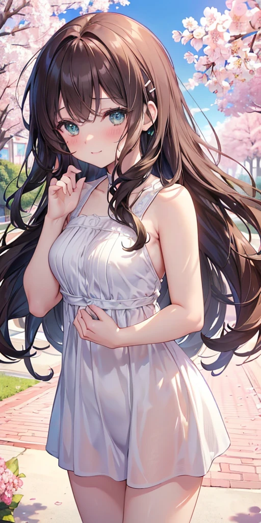 ((masterpiece, highest quality, High resolution, 超High resolution, Perfect Pixel, Written boundary depth, 4K, About RTTX10.0, High resolution))),Naked(Naked女の子) 1 girl, single, alone, Beautiful Anime Girls, Beautiful art style, Anime characters, ((Long Hair, bangs, Dark brown hair, Curly Hair:0.4, Simple hairpin)), ((Green Eyes:1.4, Round eyes, Beautiful eyelashes, Realistic eyes)), ((Detailed face, blush:1.2)), ((Smooth texture:0.75, Realistic texture:0.65, Realistic:1.1, Anime CG Style)), Medium Chest, ((Dynamic Angle, throw, close)), Perfect body, Pink nipples visible, smile, amusement park, put your hands behind your back, Leaning forward, cherry blossoms、Exhibitionism、Exposed outside、conversion