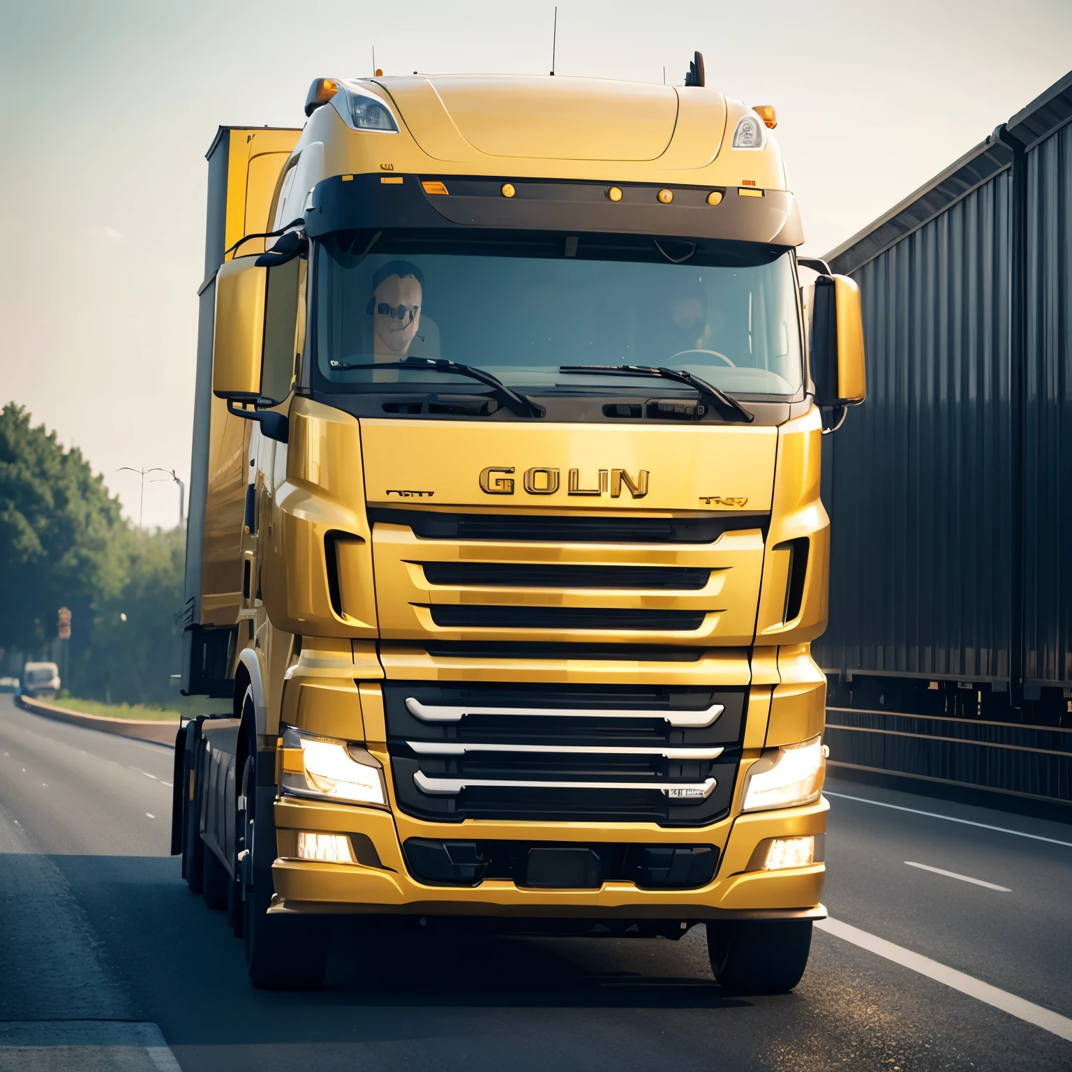 trucks carrying a lot of gold, extremely high budget, huge scale, large-scale, large scale, very realistic, really realistic, big scale, a hyper realistic, true realistic image, photo render, very very realistic, impressive perspective, an ultra realistic, artistic render, alex andreev, semi realistic, transportation design render, super realistic, sexy lady driver
