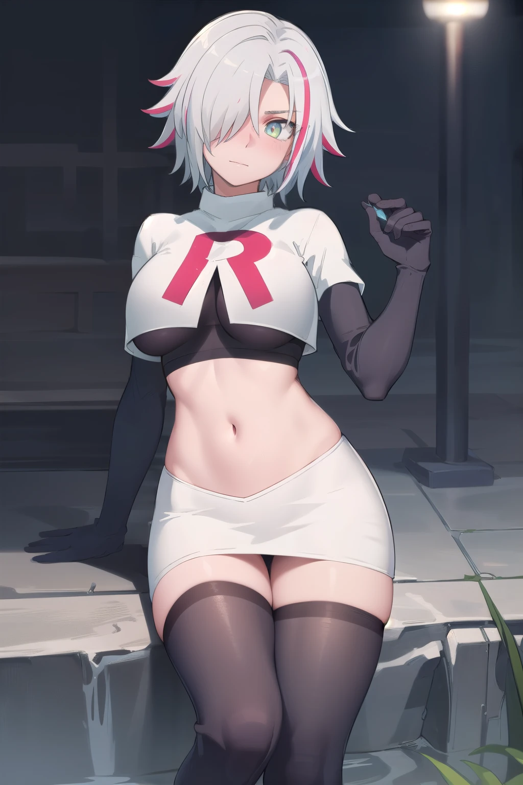 (masterpiece:1.2, best quality), (finely detailed beautiful eyes: 1.2), solo focus, (ultra-detailed, hires), (modern day, beautiful detailed face, beautiful detailed eyes), 1girl, , Sofia Bulga , short hair,streaked hair , hair over one eye , , blush, large breasts , team rocket,team rocket uniform,white skirt,red letter R,crop top,black thigh-highs , High contrast, beautiful elegant woman, adult, (best illumination, an extremely delicate and beautiful),(simple backround, outdoors), looking at viewer,beautiful detailed glow,