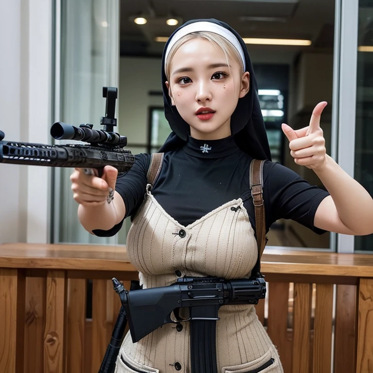 Beautiful nun、Wear Wimple:1.4、Non-lingerie:1.3、Cowboy Shot、Big Breasts、(Skinhead:1.5)、(Pointing a Groza assault rifle at the viewer:1.67)