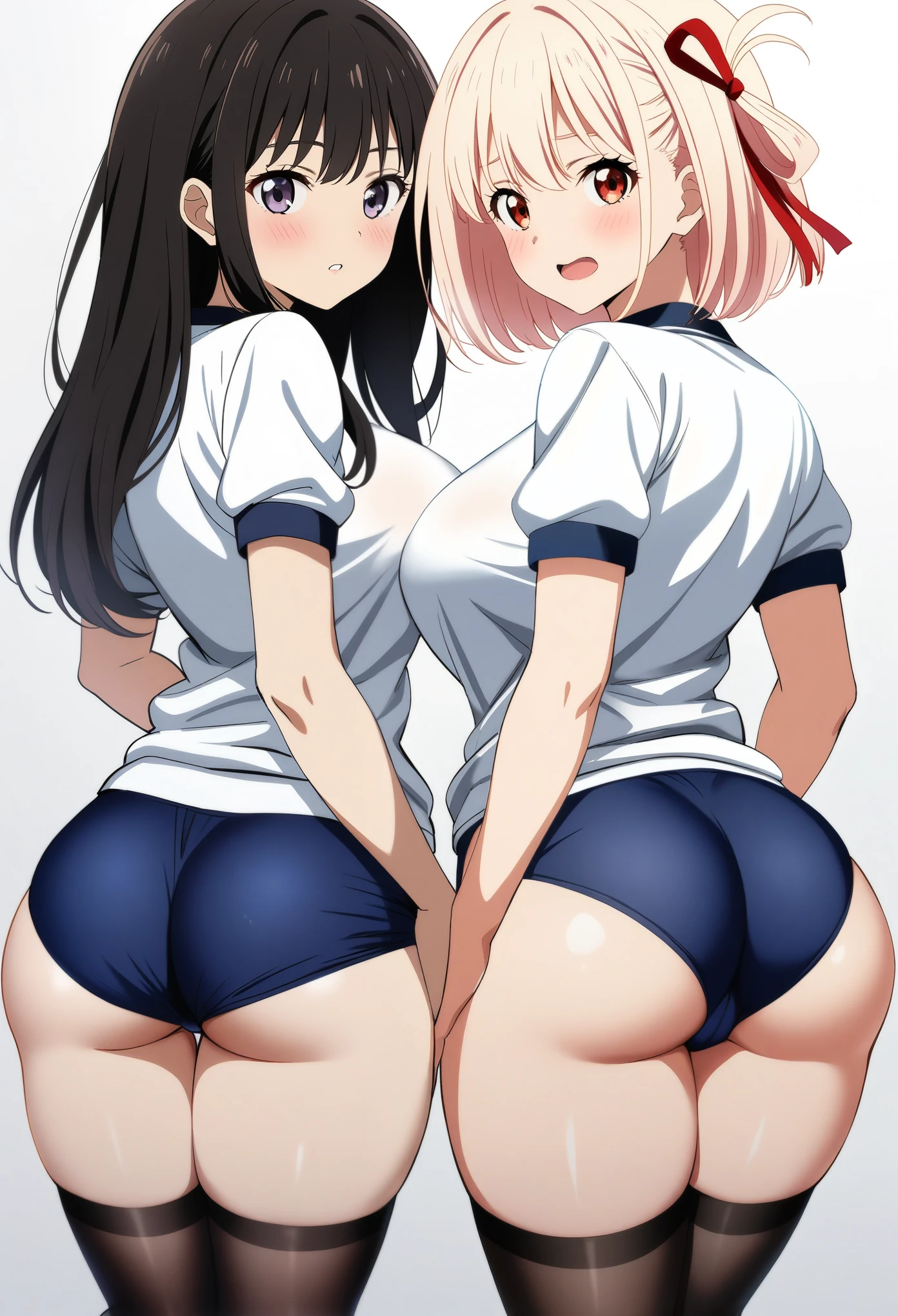 2girls, nishikigi chisato, inoue takina, lycoris recoil, couple, perfect anatomy, symmetry, from behind, all fours, navyblue buruma, fullback buruma, gym uniform, white t-shirts, thighhighs, huge breasts, big ass, looking at viewer, shy, blush, masterpiece, best quality, very aesthetic, absurdres, anime,