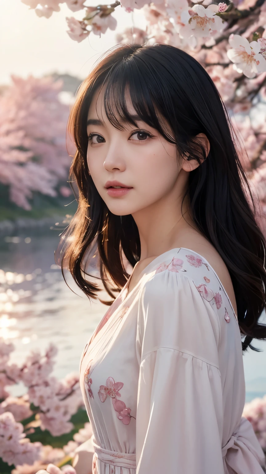 (logo、masterpiece、8k、Tabletop、RAW Photos、wonderful、最high quality、Photorealistic and Very detailed CG integrated 8k wallpaper、high quality、Very detailed、Narrative poem、Particle Effects、Dynamic Effects、Written boundary depth、Cinematic Light、Lens flare、Ray Tracing)、Fantasy、 (One beautiful woman、dress、dress、Cherry blossom pattern、Black-haired、Beautiful Face、True Face、Beautiful details、eye、Beautiful Skin)、私の髪はWindに舞う、Hair flutters in Wind、Hair bounces、Pink cherry blossom tree、Petals fluttering、SakuraFubuki、wonderful scenery、sunrise、Sun in the background、Wind