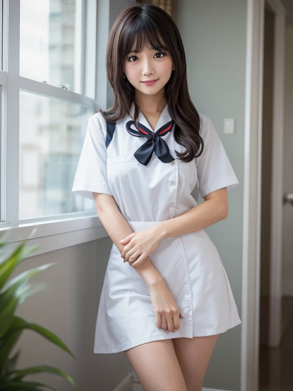 ((Whole body 1.4))((masterpiece)), ((best quality)), (ultra-detailed), ((kawaii)), cute, (lovely), realistic, real, full body, In town, daytime, a cute girl, 1girl, solo, beautiful black hair, beautiful black eyes, ((beautiful eyes)), short hair, ribon, smile,Cute Nurse Costume,Ultra Mini Skirt、Bare legs,,Small breasts,Dynamic pose,hospital