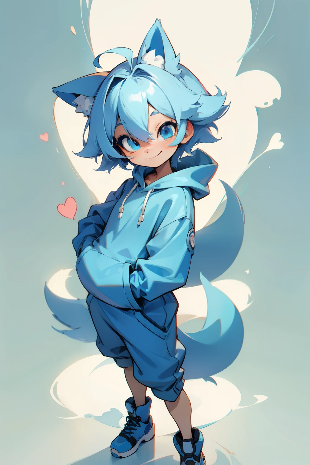 In the heart of the image, a chibi anime-style fox character with light blue hair and a cheerful expression is seen, holding a sticker in one hand and laughing heartily. Dressed in a delivery uniform with a blue hoodie, the fox's detailed features and humorous demeanor stand out against the white background. The edges of the image are gently blurred, creating an 8k effect that immerses the viewer in the charming world of this lovable character.