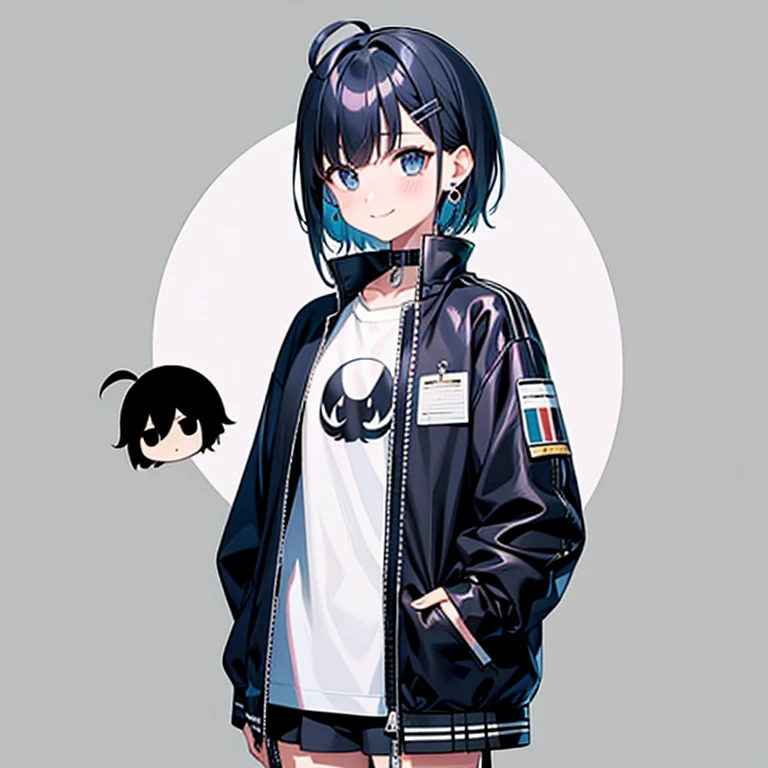 超A high resolution, Best aesthetic, Top quality depiction of the foot, Put on a jacket,  Black and blue hair on the back, Flat Avatar,  Anime visuals of cute girls, Cute art style, Chibi,  Shorthair, Ahoge, is shy, A smile, hair adornments,drawing on paper,  simple background, earrings, jewely, side locks, large oval eyes,
