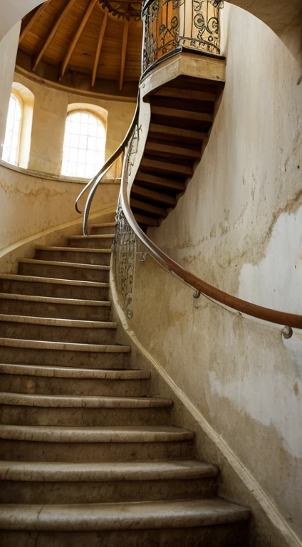 17th century　French stone castle　Child climbing a spiral staircase　round and round