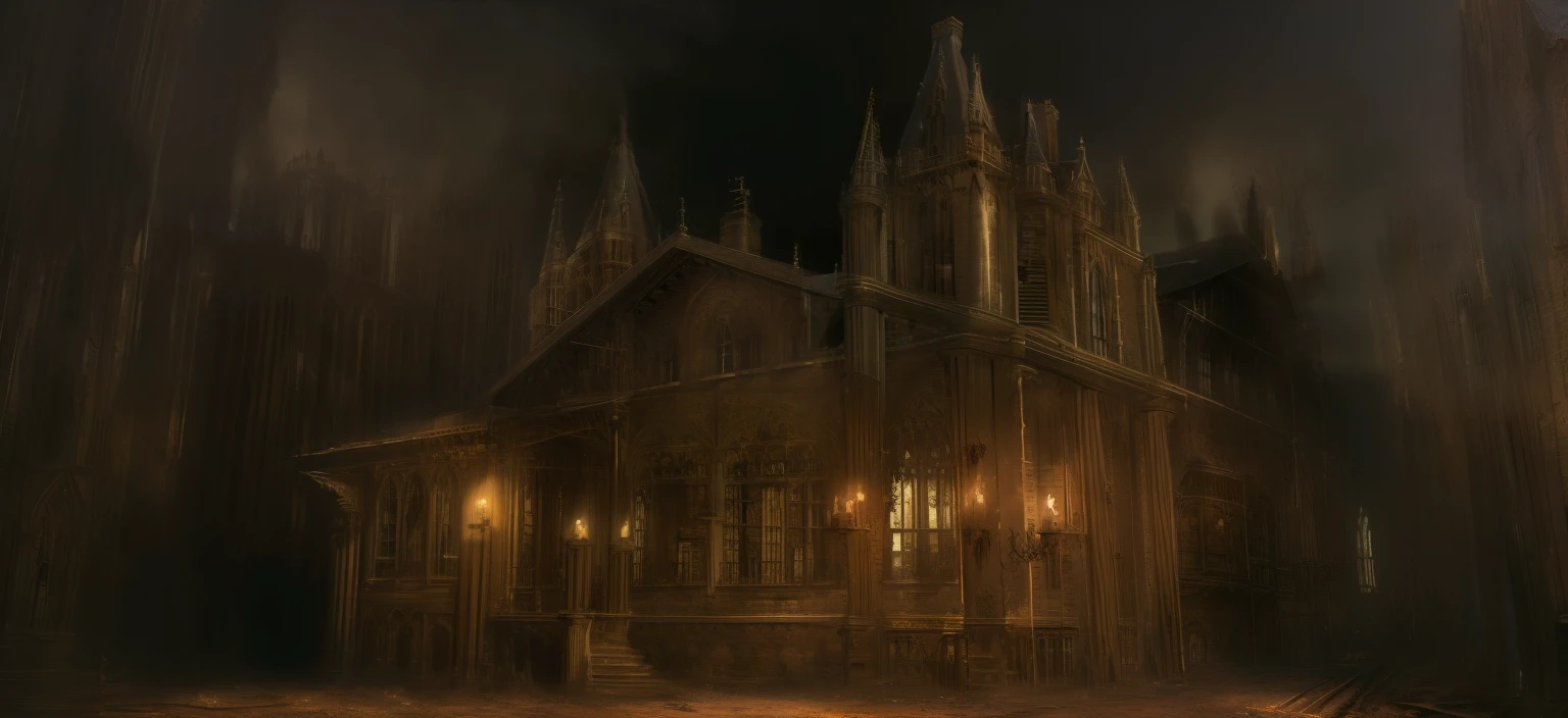 a gothic home is on fire, window bars, victorian home details, gothic architecture details, stone pathway, cut grass, wildflowers, nighttime, fire, the house is on fire