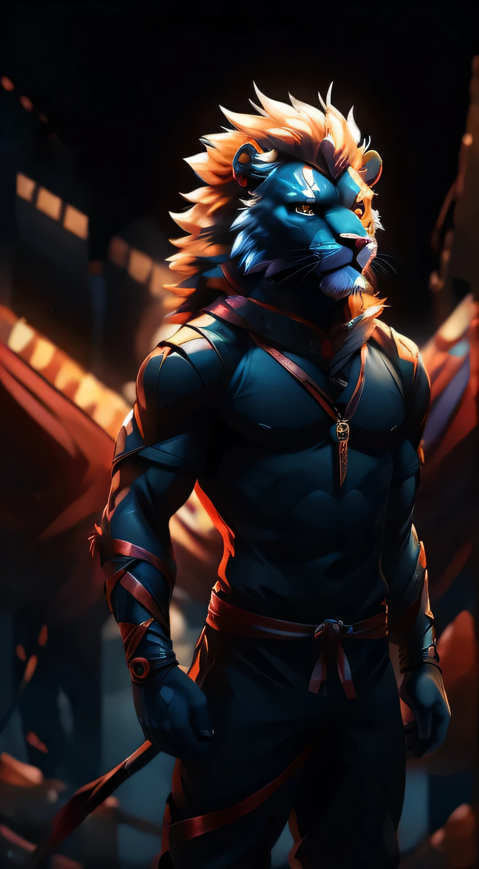 illustration, design of a ninja lion, black backround, shades of colors, dark vibes, central composition, half body, no legs, no torso, 
high quality, detailed