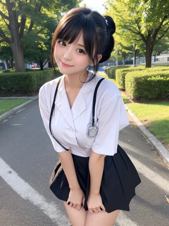 ((Whole body 1.4))((masterpiece)), ((best quality)), (ultra-detailed), ((kawaii)), cute, (lovely), realistic, real, full body, In town, daytime, a cute girl, 1girl, solo, beautiful black hair, beautiful black eyes, ((beautiful eyes)), short hair, ribon, smile,Cute Nurse Costume,Ultra Mini Skirt、Bare legs,,Small breasts,Dynamic pose,hospital