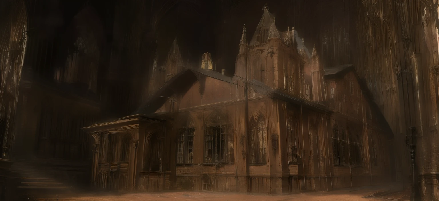 a gothic home is on fire, window bars, victorian home details, gothic architecture details, stone pathway, cut grass, wildflowers, nighttime, fire, the house is on fire