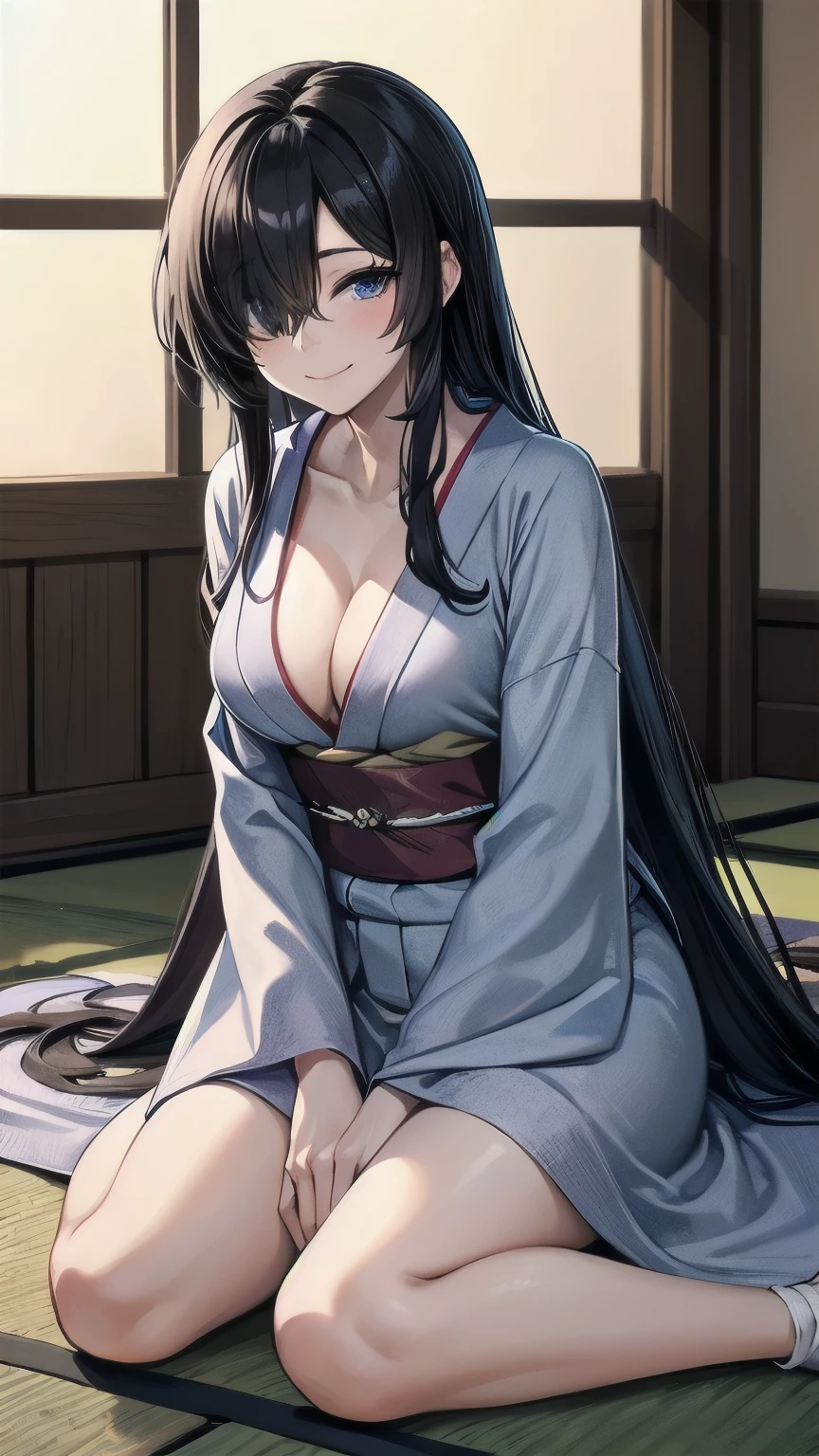 (masterpiece), best quality, closed eye, perfect face, mature female, medium breasts, cleavage, long hair, (hair over one eye), very long hair, straight hair, black hair BREAK Traditional japanese temple, shrine, indoors, daytime, sitting on floor, wariza, smile, closed mouth, relaxing, purple kimono BREAK 