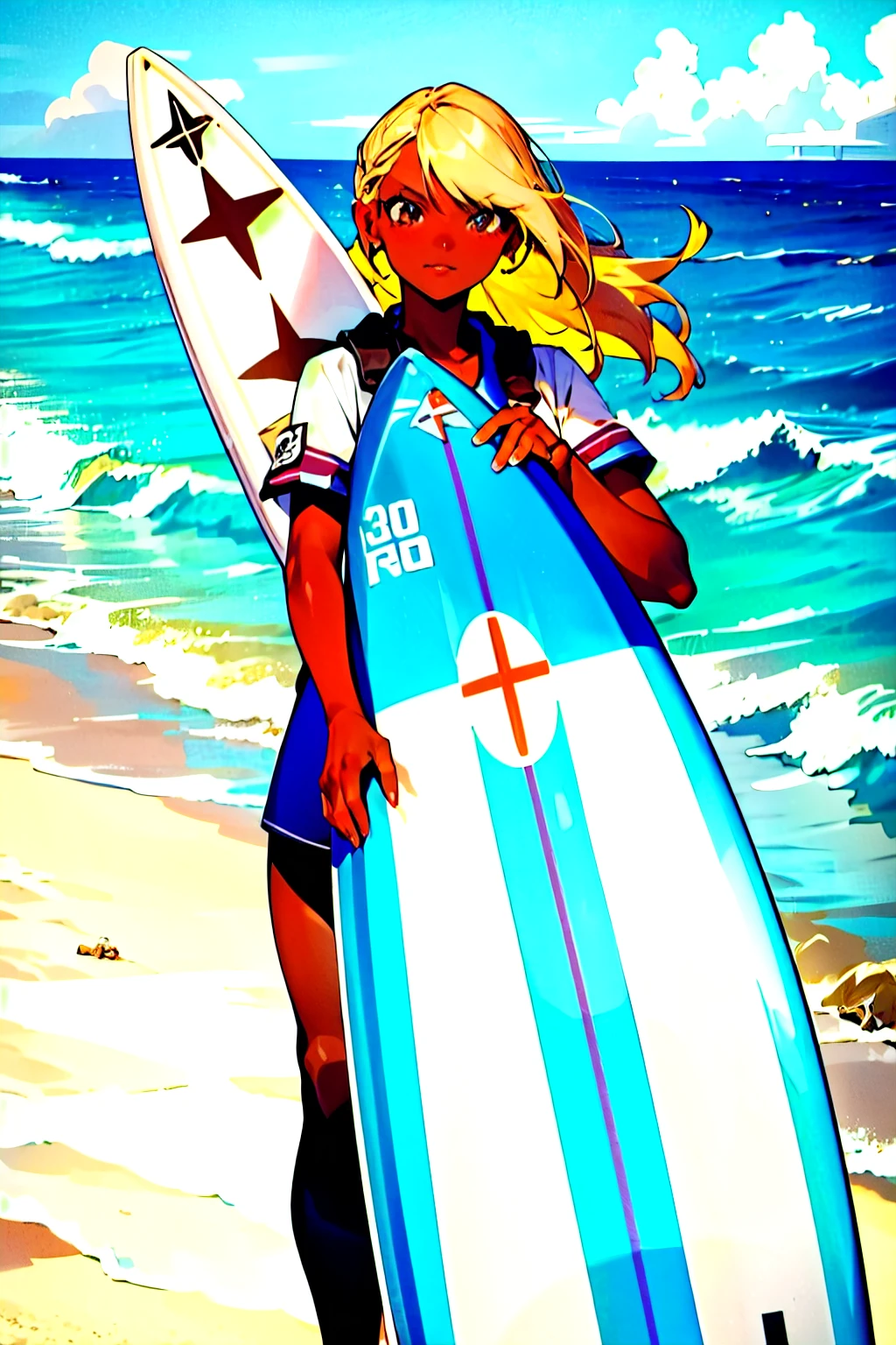 blonde,dark skin,rush gard1girl, beach, face focus, surfboard,30years old,