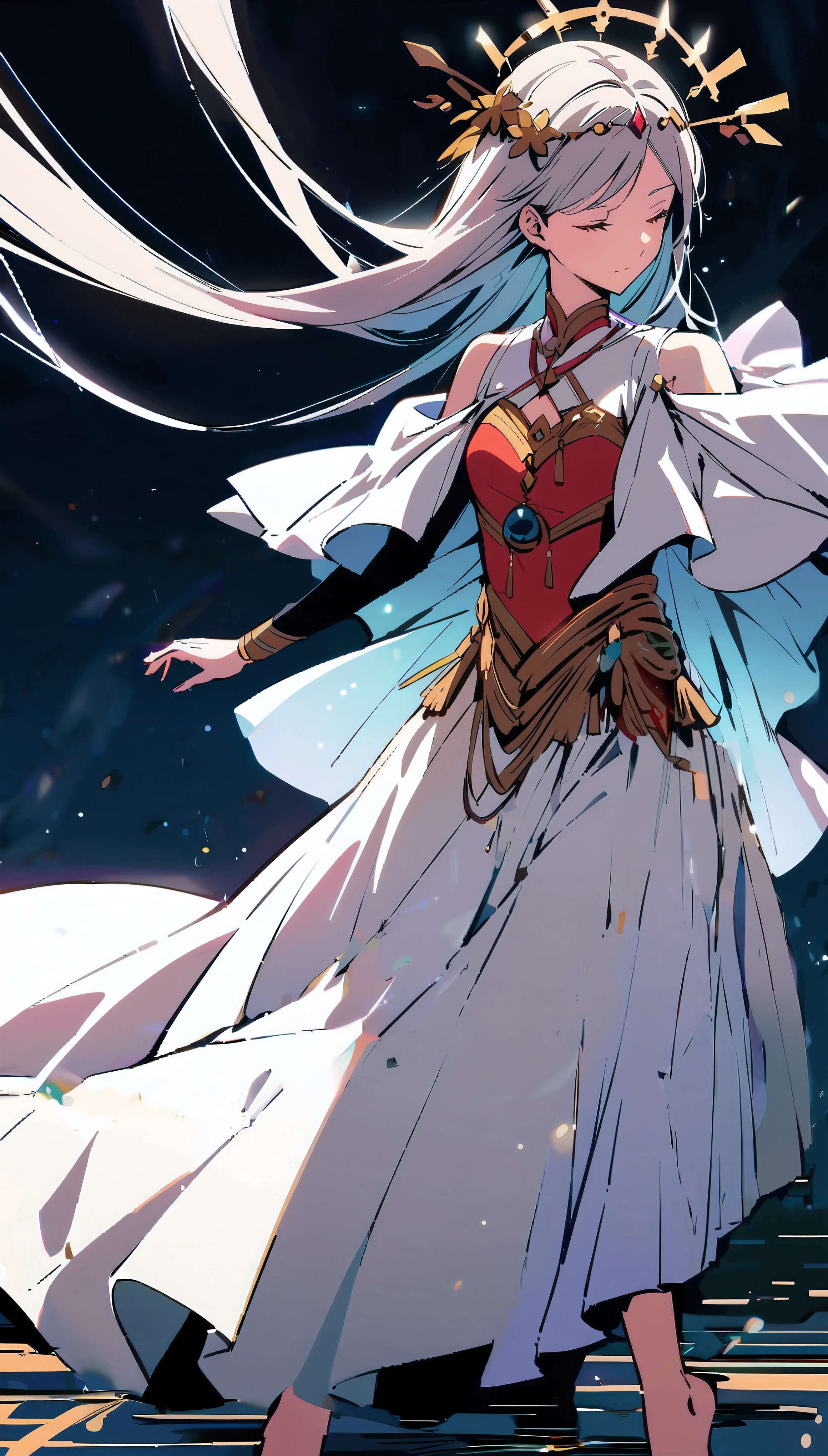 anime girl in white dress with long white hair and a crown, onmyoji detailed art, flowing magical robe, beautiful celestial mage, flowing white robes, anime art wallpaper 8 k, keqing from genshin impact, flowing robes, anime art wallpaper 4k, anime art wallpaper 4 k, anime style 4 k, portrait knights of zodiac girl, anime goddess