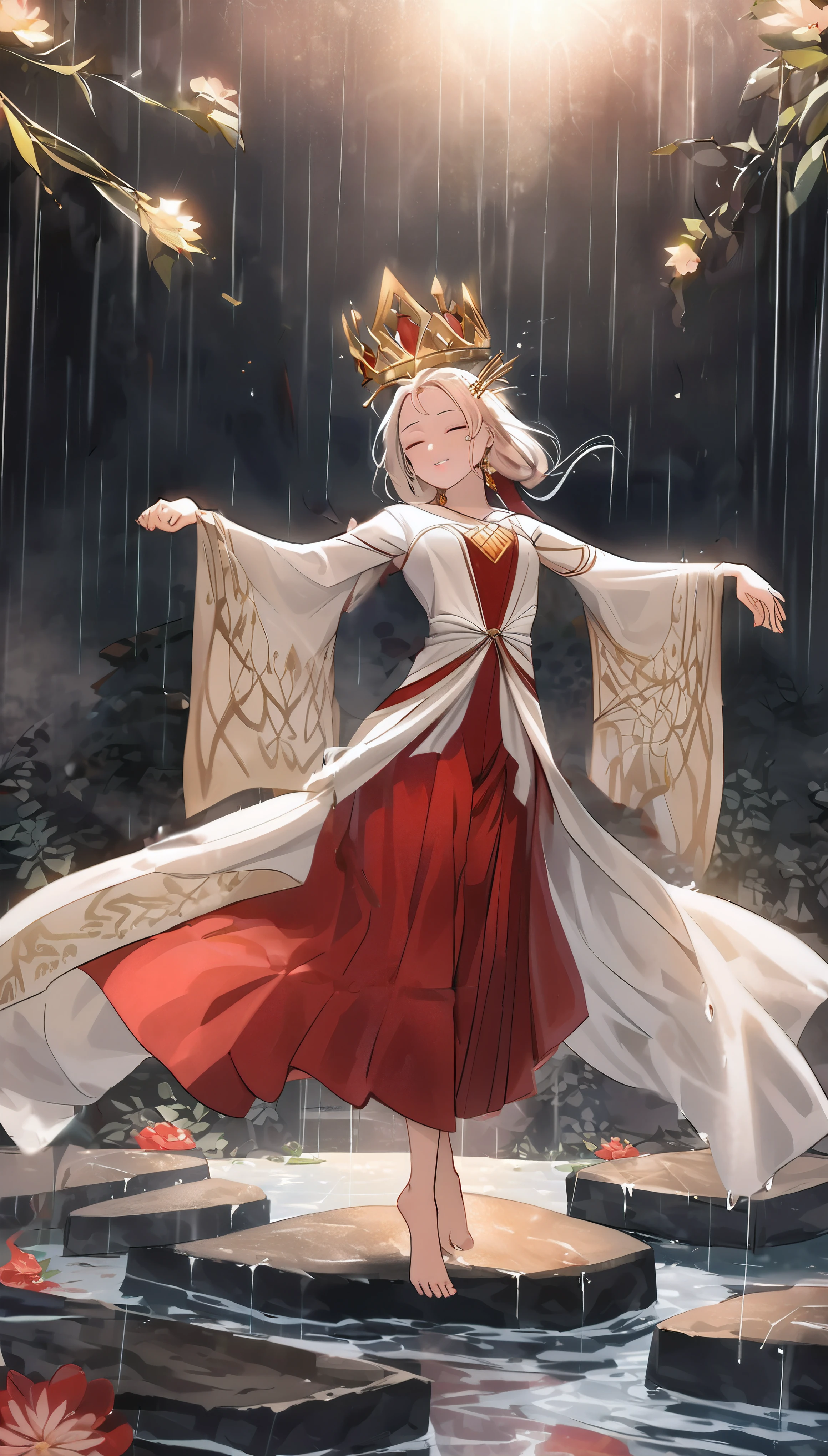arafed image of a woman in a red dress and a crown standing in the rain, white haired deity, ((a beautiful fantasy empress)), a beautiful fantasy empress, guweiz, palace , a girl in hanfu, anime goddess, artwork in the style of guweiz, flowing magical robe, guweiz on pixiv artstation