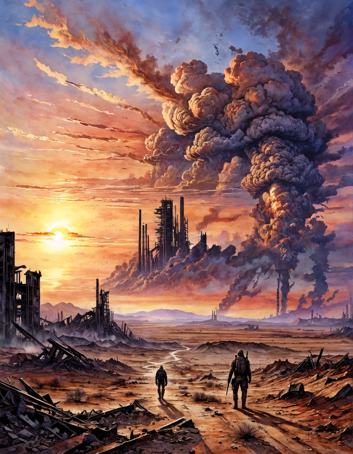 New Dawn Apocalyptic Sunset Watercolor Painting, Wasteland，The post-nuclear world，detailed, Practical, 8K Ultra HD, high quality