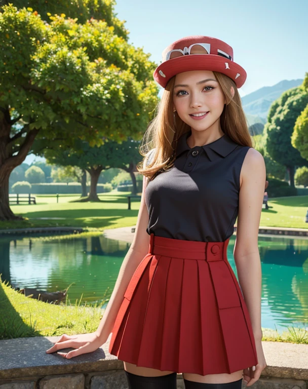 hyper realistic, (masterpiece:1.4), ((best quality)), (detailed), absurdres, 4k, serena \(pokemon\), solo, pretty 1girl, blue eyes, hat, eyewear on headwear, sleeveless shirt, red high-waist skirt, thighhighs, global illumination, detailed eyes, detailed face, shiny skin, looking at viewer, smile, teeth, outdoors, sky, pose, cowboy shot, on the forest