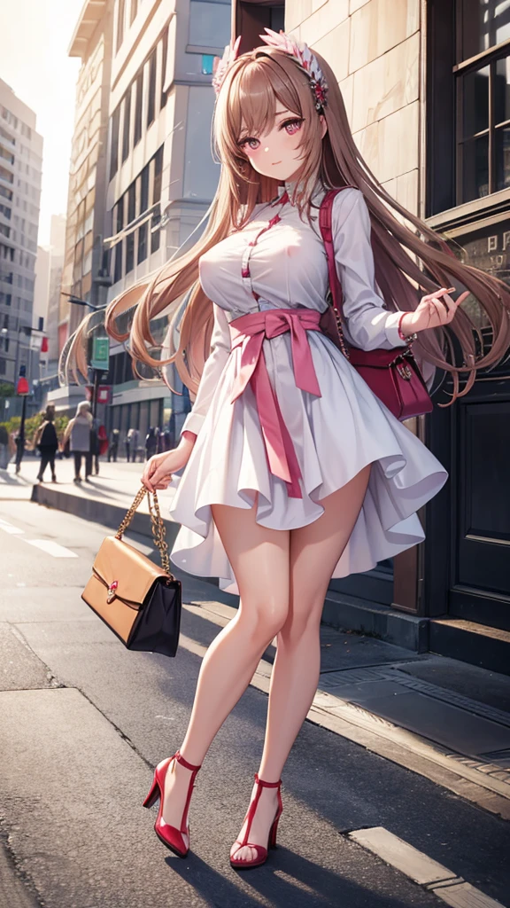 game , Nikke, the goddess of victory, Neat , Light brown hair,  Captivating eyes ,beautiful face , Crystal Red Eye ,  Long Hair , ,, White shirt showing pink nipples, Long skirt,Selfie style, 1 handbag, Bright Eyes, ,G-cup breasts, Narrow waist, Captivating thighs, 5 fingers on each hand, both hands ,2 Foot , city, date, Are standing, beautiful, High heels, Dawn, Recreation Park,