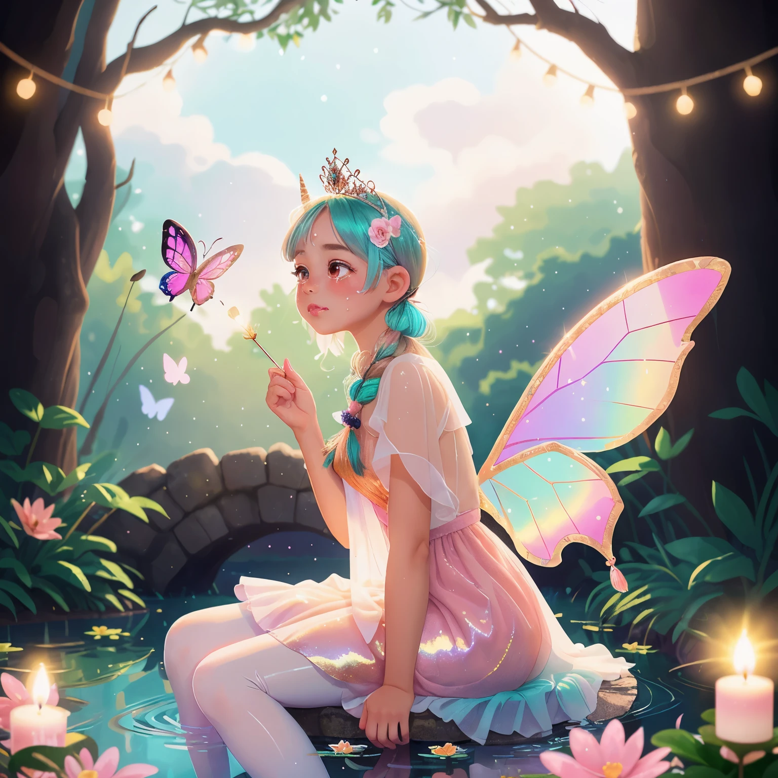 girl sitting on large flower in shimmering water pond, draped fabric hanging, unicorn horn, girl with blond long curly hair with turquoise highlights, pigtails brown eyes, youthful face, pink sparkle sheer draped dress, soft pastel light, sad crying tears facialexpression, white sheer pantyhose, blushing cheeks, pink lipgloss, blurry fairylights in background, glitter sparkly bokeh effect, orange gradient background, fairywings, shy pose, silver princess tiara, blue shimmer, rainbow light backlit, soft edges, soft colors, angelic face, innocent doll eyes, profile angle, pink mist, ancient temple among clouds in background with pink vines and butterflies, floating candlelights