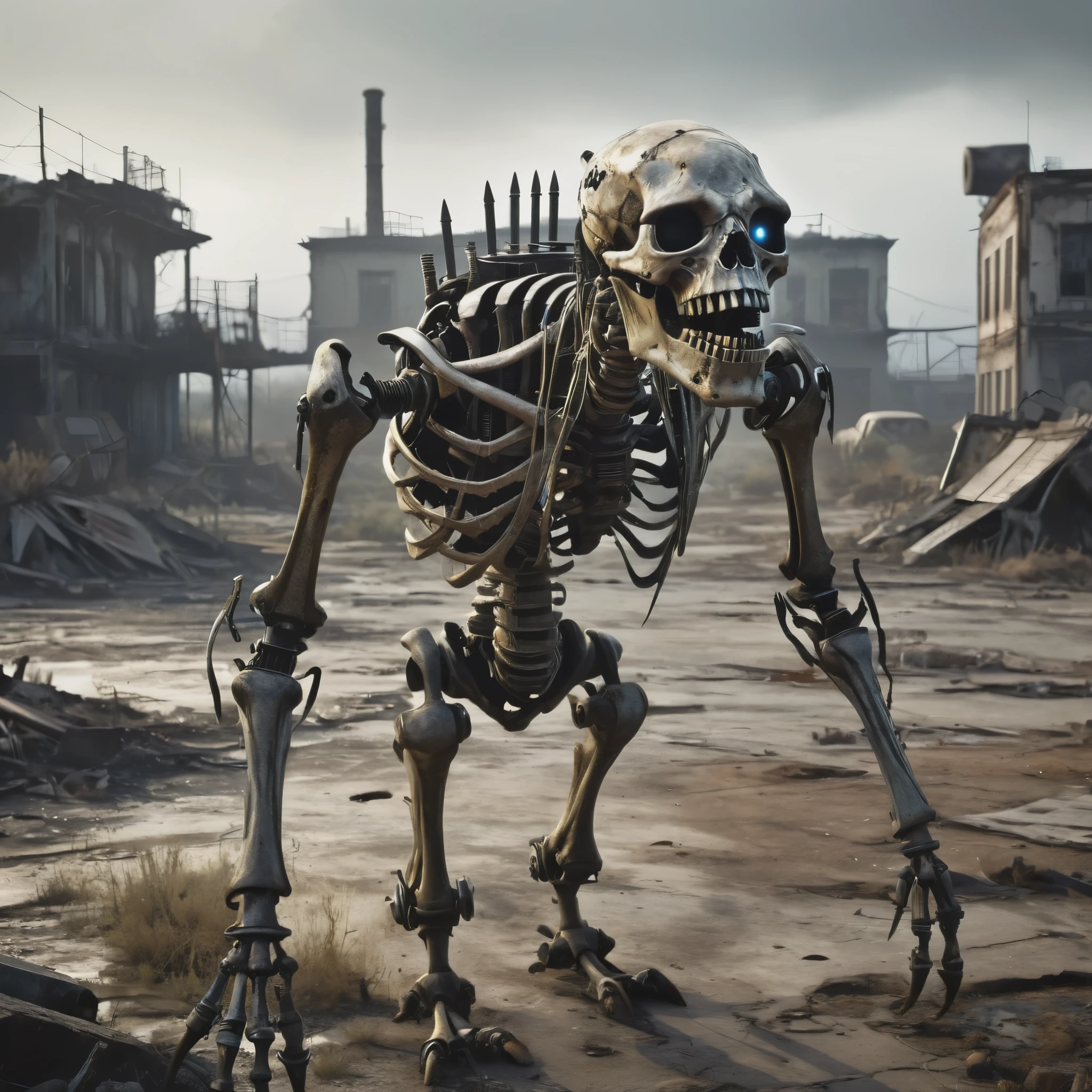 (best quality, highres, ultra-detailed:1.2),(extreme complexity)(multiple subjects) (realistic, photorealistic:1.37), (subject 1: a few humanoid mutants (inspired by random animals), wasteland piecemeal outfits, mutated features, sharp teeth, glowing eyes, various animal characteristics, tattered clothing, rusty metal,), (subject 2:studying human skeleton and derelict ruined robo armor), wasteland surroundings, post-apocalyptic atmosphere, cracked bones, decaying machinery, abandoned buildings, dusty landscape, toxic air, eerie lighting, somber color palette, gritty texture
