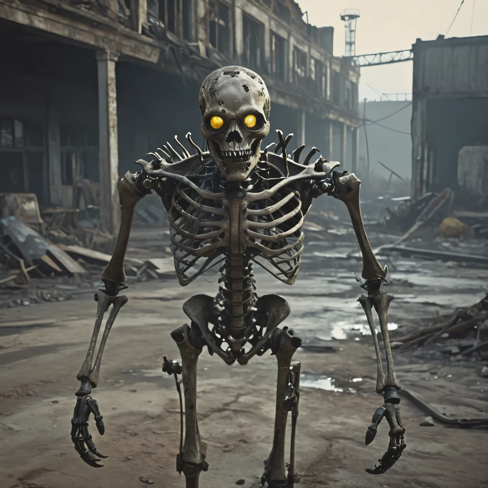 (best quality, highres, ultra-detailed:1.2),(extreme complexity)(multiple subjects) (realistic, photorealistic:1.37), (subject 1: a few humanoid mutants (inspired by random animals), wasteland piecemeal outfits, mutated features, sharp teeth, glowing eyes, various animal characteristics, tattered clothing, rusty metal,), (subject 2:studying human skeleton and derelict ruined robo armor), wasteland surroundings, post-apocalyptic atmosphere, cracked bones, decaying machinery, abandoned buildings, dusty landscape, toxic air, eerie lighting, somber color palette, gritty texture