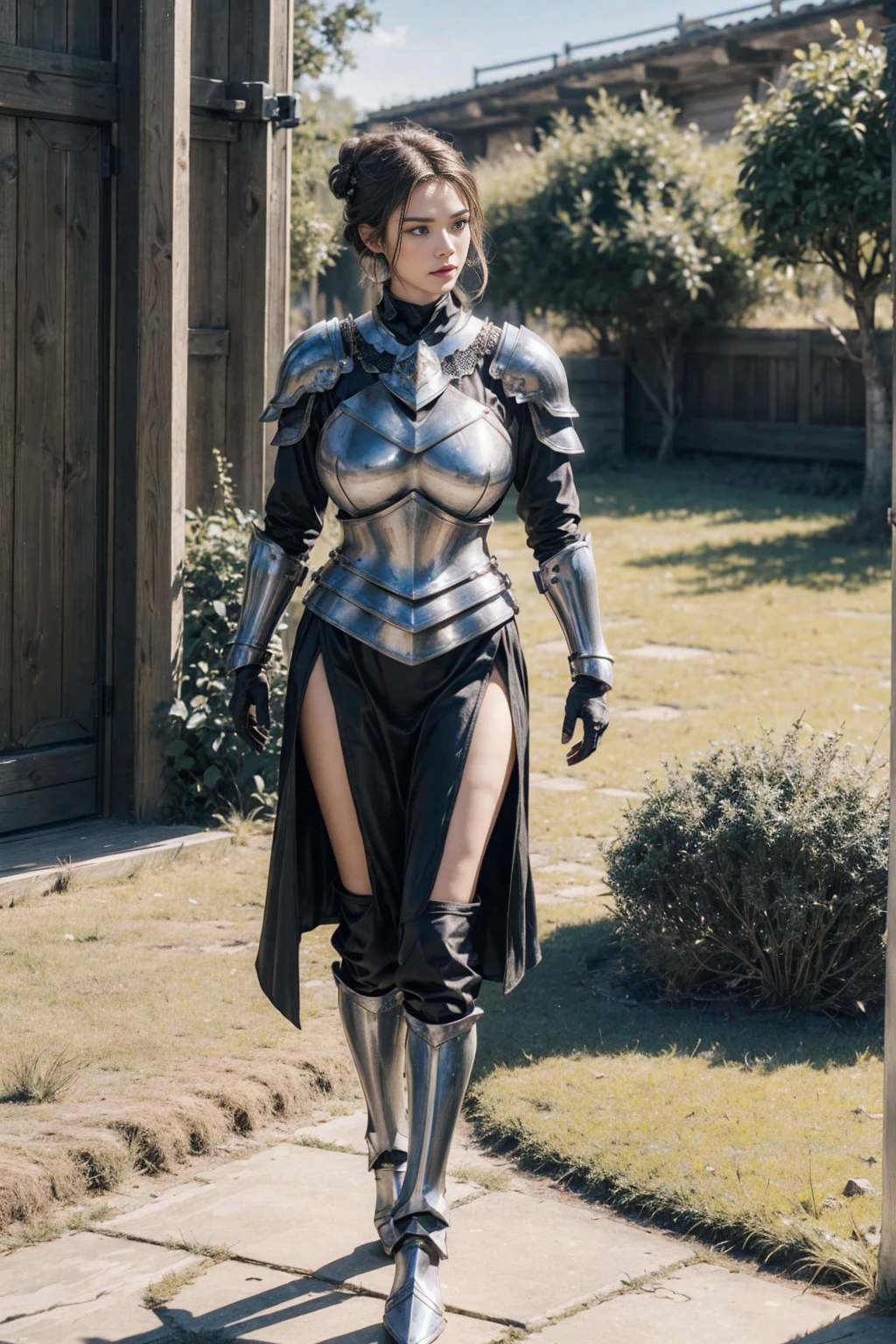 Masterpiece, best quality, 1girl, A beautiful girl, she is a knight in a full body armor, gold armor, a longsword in her hand, is now walking back from battlefield, few skin wounds and skin scratches, pouring rain, lightning. Expansive view in the background, mountains, grey cloud, muddy footpath