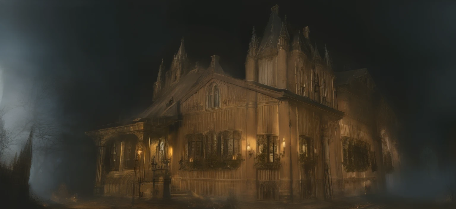 a gothic home is on fire, window bars, victorian home details, gothic architecture details, stone pathway, cut grass, wildflowers, nighttime, fire, lanterns, blue atmosphere
