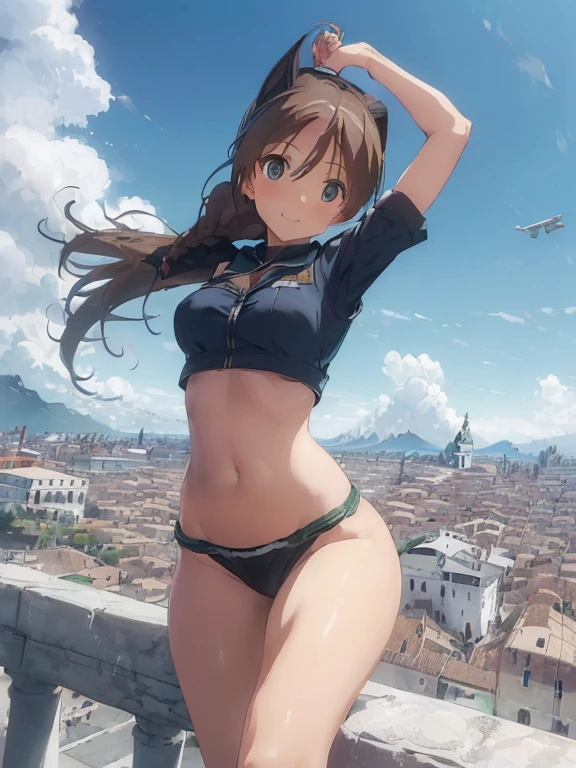 {(masterpiece,best quality, 8K UHD, extremely detailed CG, detailed beautiful face and eyes and skin and hair)}, {(ultra realistic photo graphic style:1.4)}, {(1girl florating in the sky at an altitude of 10000m:1.6), (out of focus background:1.4)}, {(strike_witches:1.4), (short buruma:1.4),(military shoes:1.2)}, {(inner_thighs showing pose:1.4), (stretch legs:1.2), (crotch gaze:1), (feet up:1.4)}, {1girl, medium breasts, medium hair, Ponytail hair with braids, forehead, dog tail:1.4,navel:1.2}, {(cheerful:1.4), (candid shot)}, {(hair stands on end in the wind)}, {(VENICE city:1.2)}