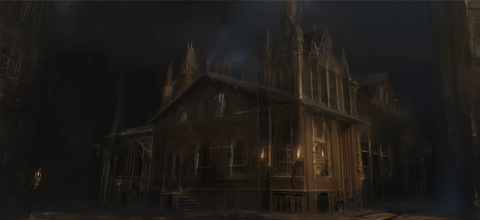 a gothic home is on fire, window bars, victorian home details, gothic architecture details, stone pathway, cut grass, wildflowers, nighttime, fire, lanterns, garden atmosphere, deep blue, swamp