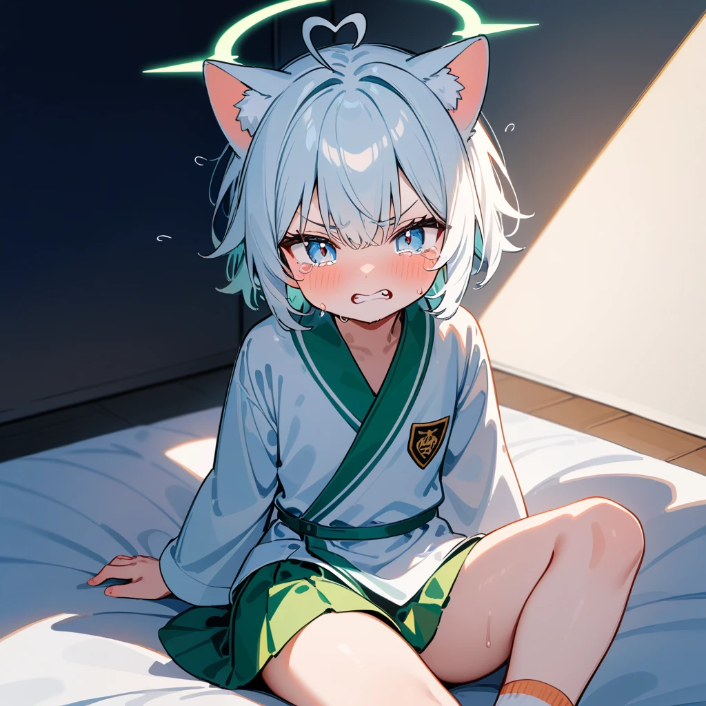 （masterpiece：1.2，high quality），8K，High resolution，A seven-year-old boy，cute boy，white hair，short hair，light blue eyes，heart ahoge，cat ears，Halo，angry，clenched teeth，tears，fang out，Sitting on the bad，White bathrobe，Pale green skirt，(light orange short socks：1.6），primary school student，thigh，alone