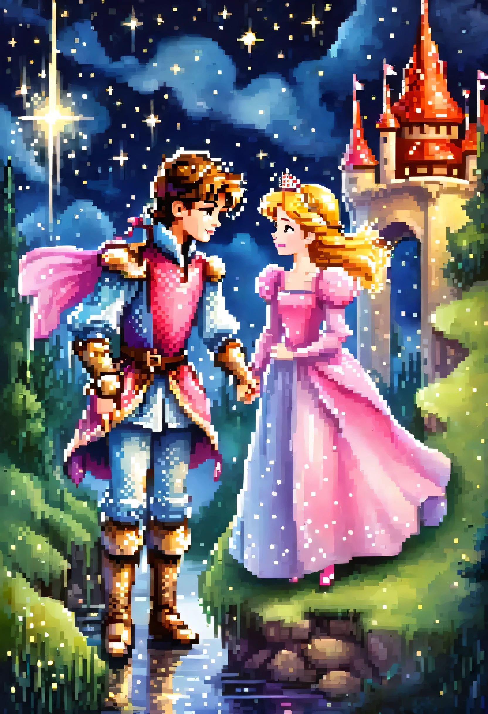 Boy and girl, prince and princess, romantic fairy tale under starry sky