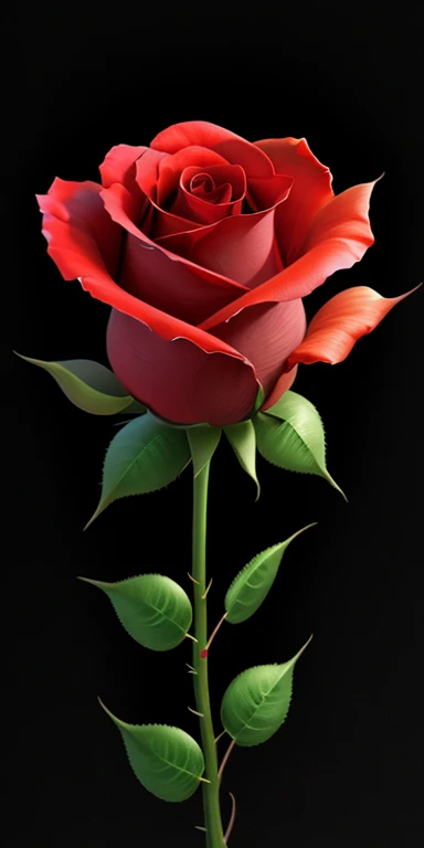 Logo Creation、Line art、highest quality, "Red Rose" ,Ultra Wide Angle,((Very delicate and beautiful)),Black background、Bent stem、Thorns on stem、