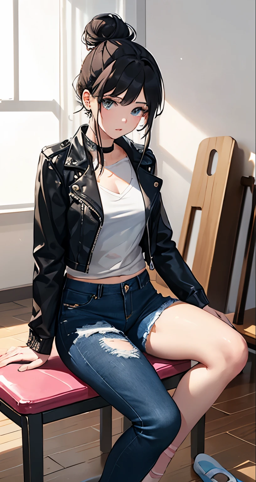 masterpiece, dance class scenario, 23 year old beautiful woman, ballet detail dance room background, solo, black fitted shirt, black leather jacket, blue denim pants, black raven hair in  a messy bun, she sitting on the floor putting on her pink ballet shoes