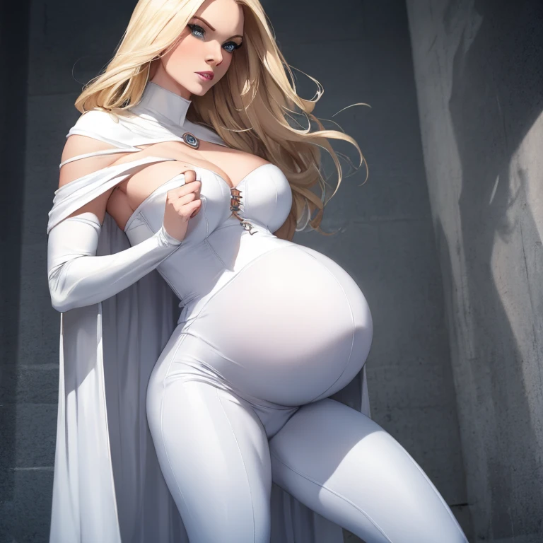 Very pregnant Emma Frost, tight white top, tight white leggings, white cape, white lipstick, blonde hair, seductive pose, medium breasts