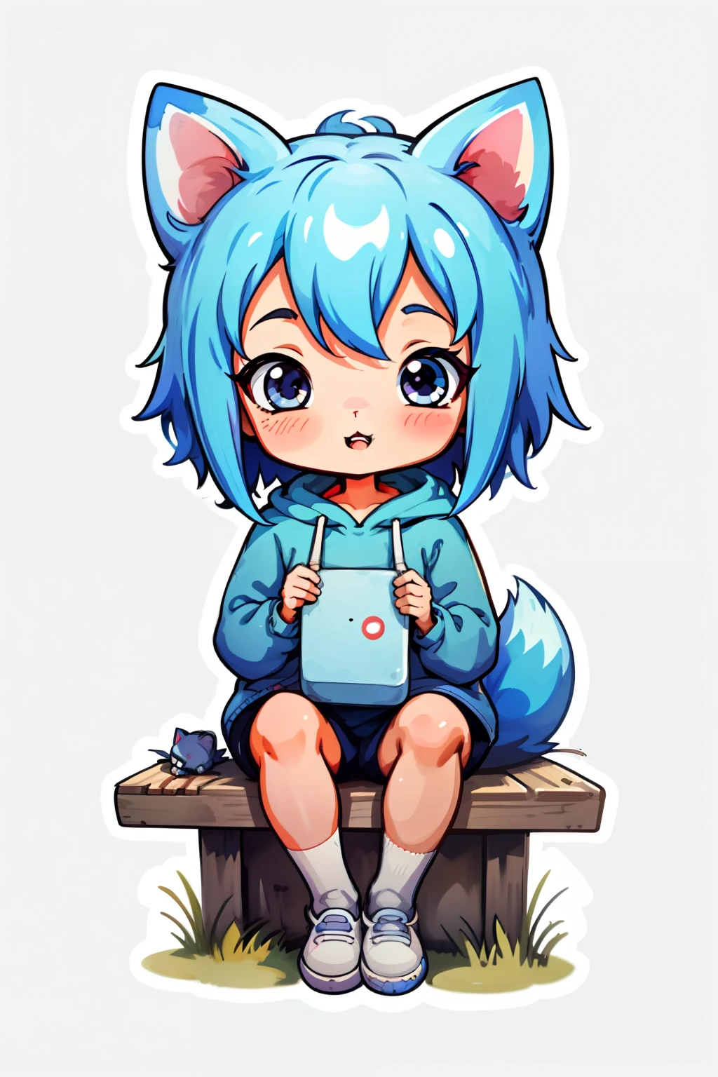 Chibi anime girl with light blue hair and a cheerful laugh, Sachiko in her typical blue hoodie, holds a sticker in her hand, seated on a mat in an 8k detailed animation with a white background. Fox ears peek out from her headband, adding a sweet and playful touch to her appearance. Her expression is open and welcoming, and her chibi proportions make every line and curve stand out vividly.