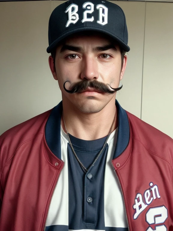 The man with mustache, baseball jacket,baseball shirt