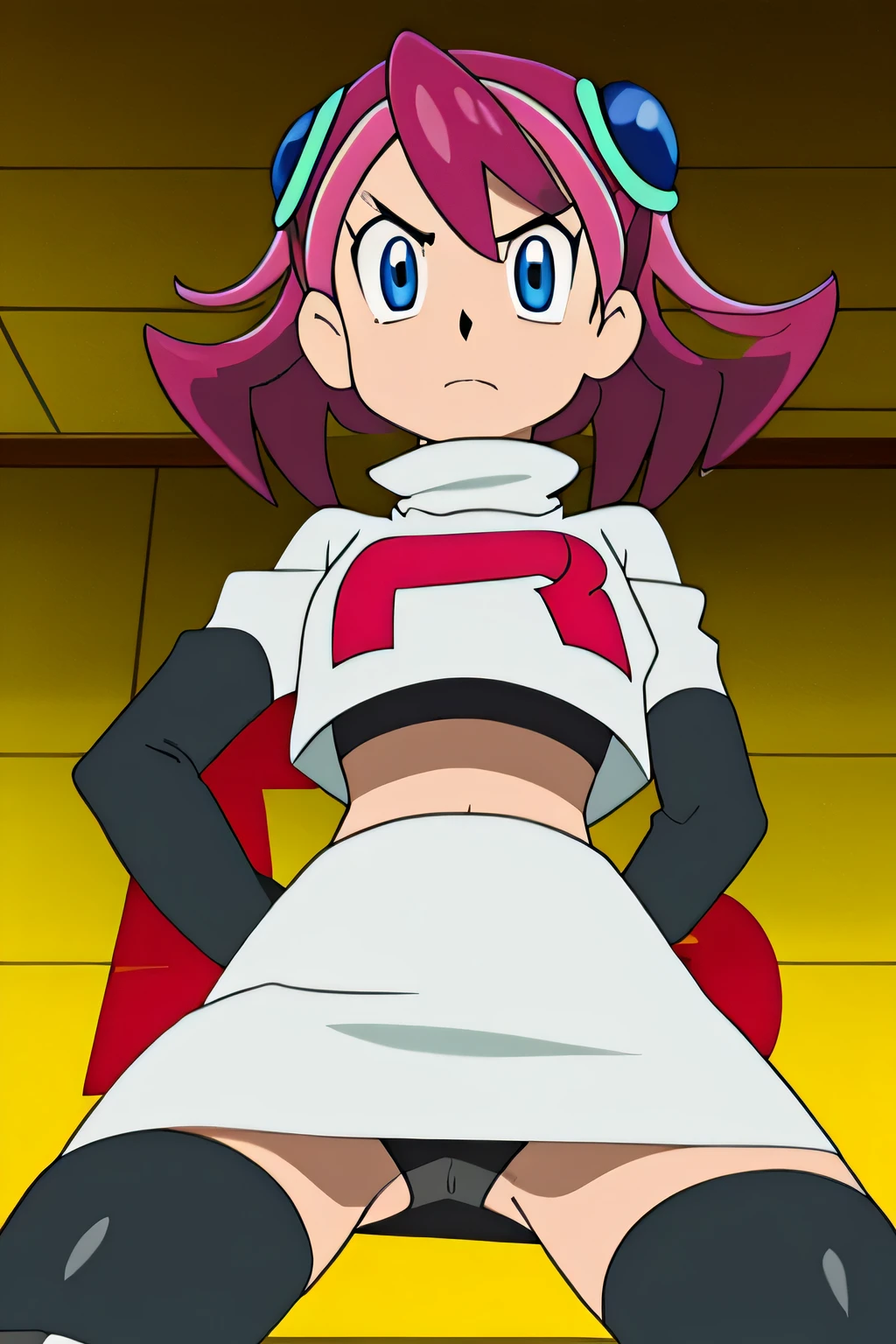masterpiece,best quality,high res,high quality,8k, masterpiece,highres, team rocket uniform, red letter r, white skirt,white crop top,black thigh-high boots, black elbow gloves, glaring angrily, looking down at viewer, hands on hips, cowboy shot, zettai ryouiki,spread legs,from below, black panties,anime style, vivid colors, sharp focus, intense lighting,Yuzu Hiiragi,pink hair, blue eyes,hair ornaments, twintails