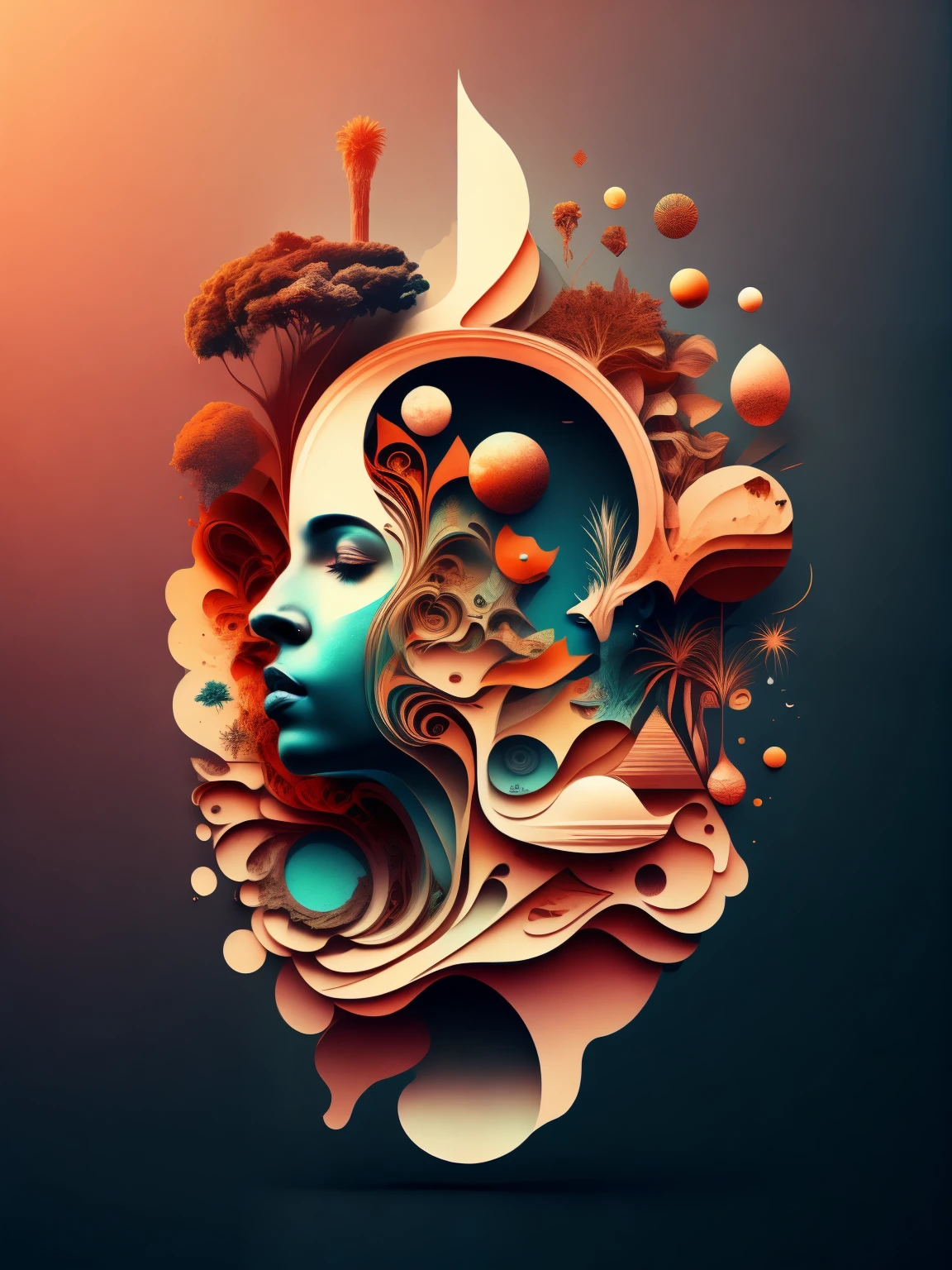 a stylized image of a person's head with many different things in it, cozinha, praia, Gymnastics