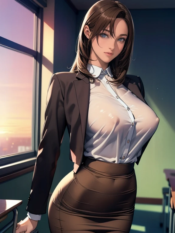 (8k,Photorealistic, masutepiece, Best Quality, Raw photo:1.3)、1girl in, 18years old,Solo,school girl, Long hair, Brown hair, Detailed beautiful face, alluring face, (Detailed beautiful brown eyes:1.2), medium breasts,(cleavage cutout:0.3),(coverd nipples:1.1),(loose suit, sheer pencil Skirt :1.35), ( Perfect body skinny beauty: 1.4),( temptation Pose:1.3), (Looking at Viewer, front view,eyes focus:1.2), Detailed background, (sunset:1.2), classroom,fine detailed, intricate detailes,  Ray tracing, depth of fields, seductive smile,classroom,