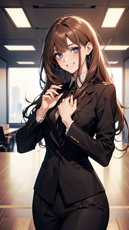 (Highest quality,High resolution,Very detailed),1 Girl, Beautiful and exquisite light blue eyes, Brown Hair, Cold Smile,Grudge,Indignant,Straight long hair tied back, Wearing a black suit, Mature Woman, Age 25,Cruel smile, Calm and Calm, Slim figure, Pale complexion, thin, Calm, In the conference room.secretary