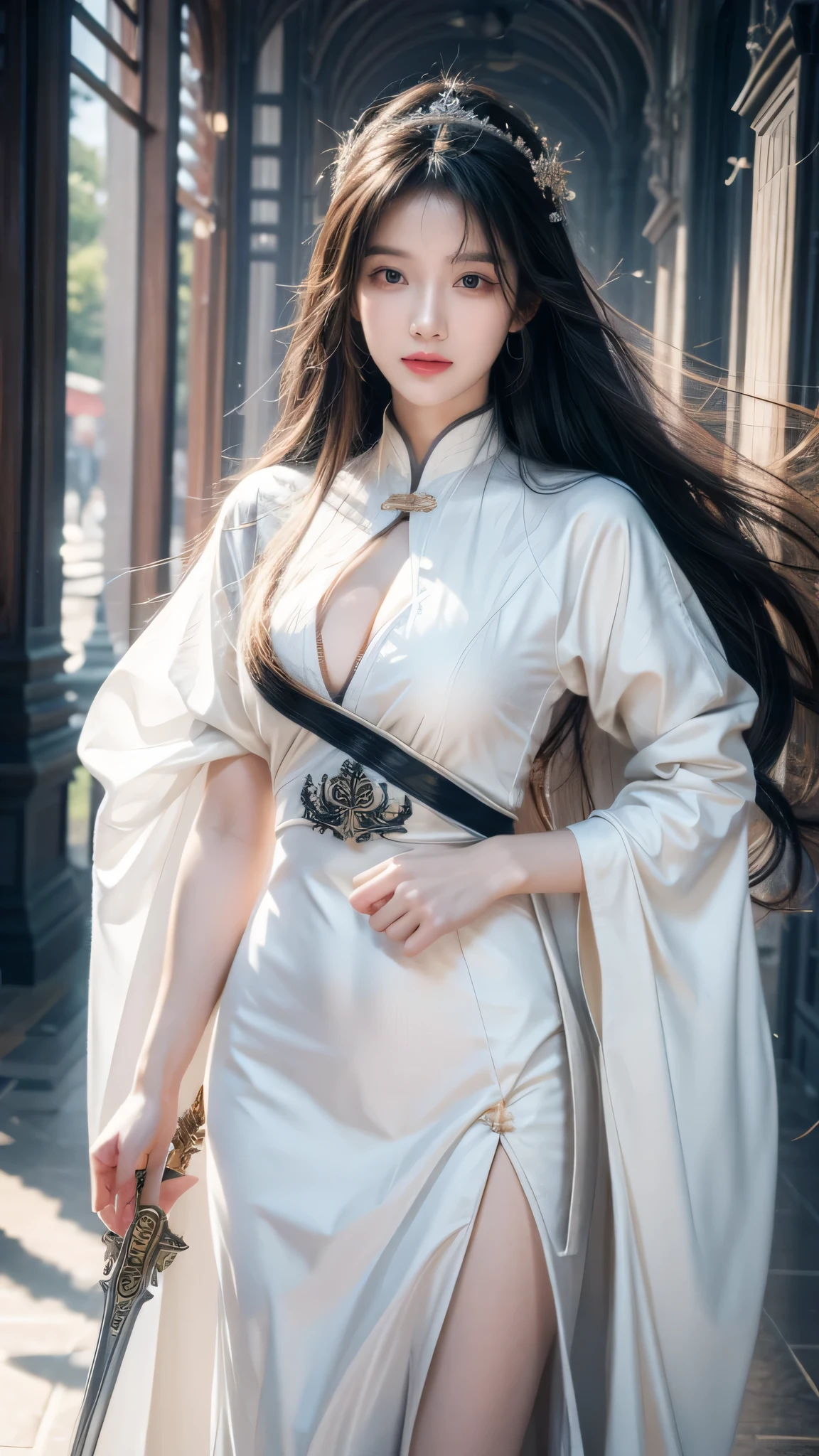 Wearing a white dress、Close-up of woman holding sword, Portrait of Yang Jian, Popular on CGSociety, Fantasy Art, Beautiful character painting, Artwork in the style of Guweiz, guweiz, White Hanfu, flowing white robe, Full body martial arts, Epic and beautiful character art, Stunning character art, beautiful female assassin  