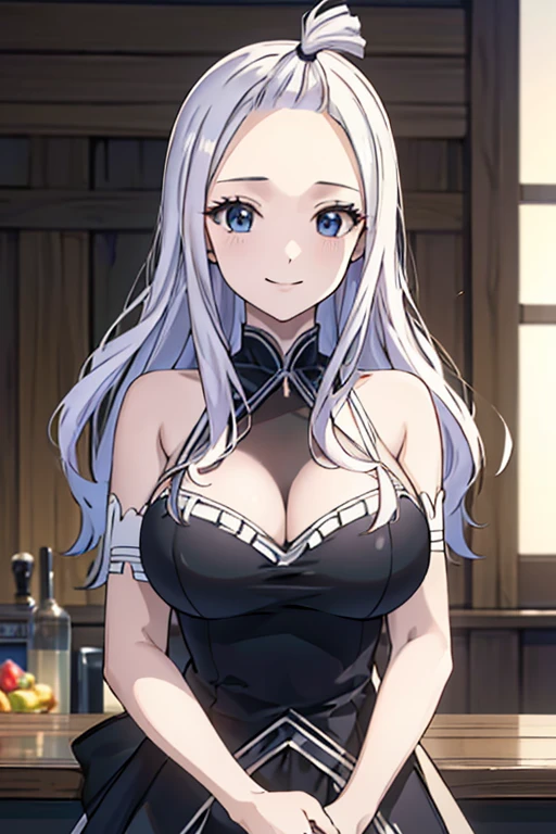 (best quality,4k,8k,highres,masterpiece:1.2),ultra-detailed,realistic,photorealistic:1.37, mirajane Strauss with a beautiful smile wearing a sexy black dress 