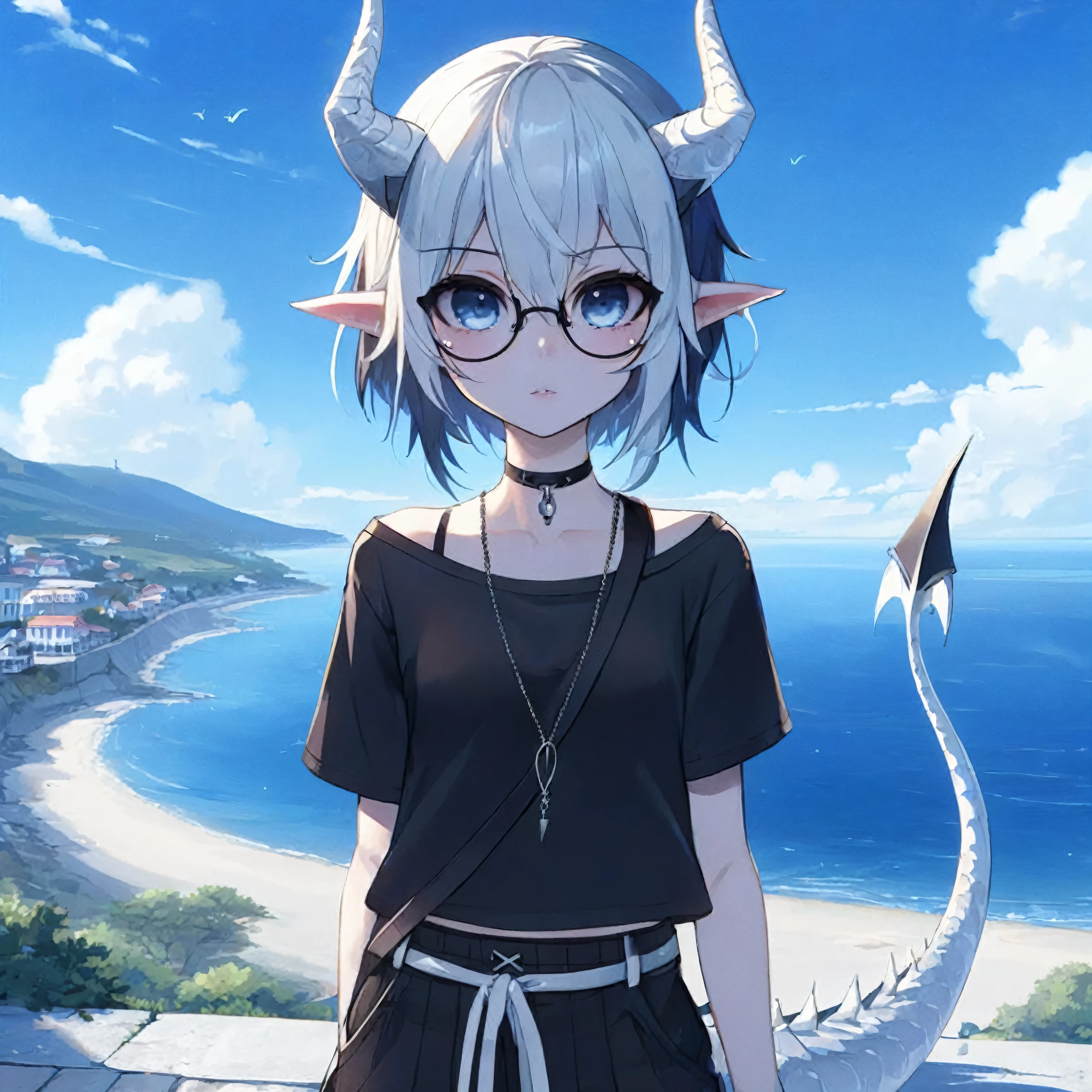 Estilo anime semi-realista. demon. humanoid. perfect dash. fine stroke. Garota. Ao ar livre. blue sky. Vista para o mar. Lugar alto. Pele branca. Orelha pontuda. Black ear accessory. Chifres. Chifres brancos. Cauda branca. Cauda de lagarto. demon tail. Cauda fina. Meias pretas. Camisa preta. Camisa de manga curta. Shorts preto. White sneakers. neck chain. Corrente prata. Cabelo prateado. Cabelo curto. Cabelo curto wolfcut. black glasses. thin glasses. Round glasses. Olhar calmo. Olhos pretos. medium breasts. Bunda grande.